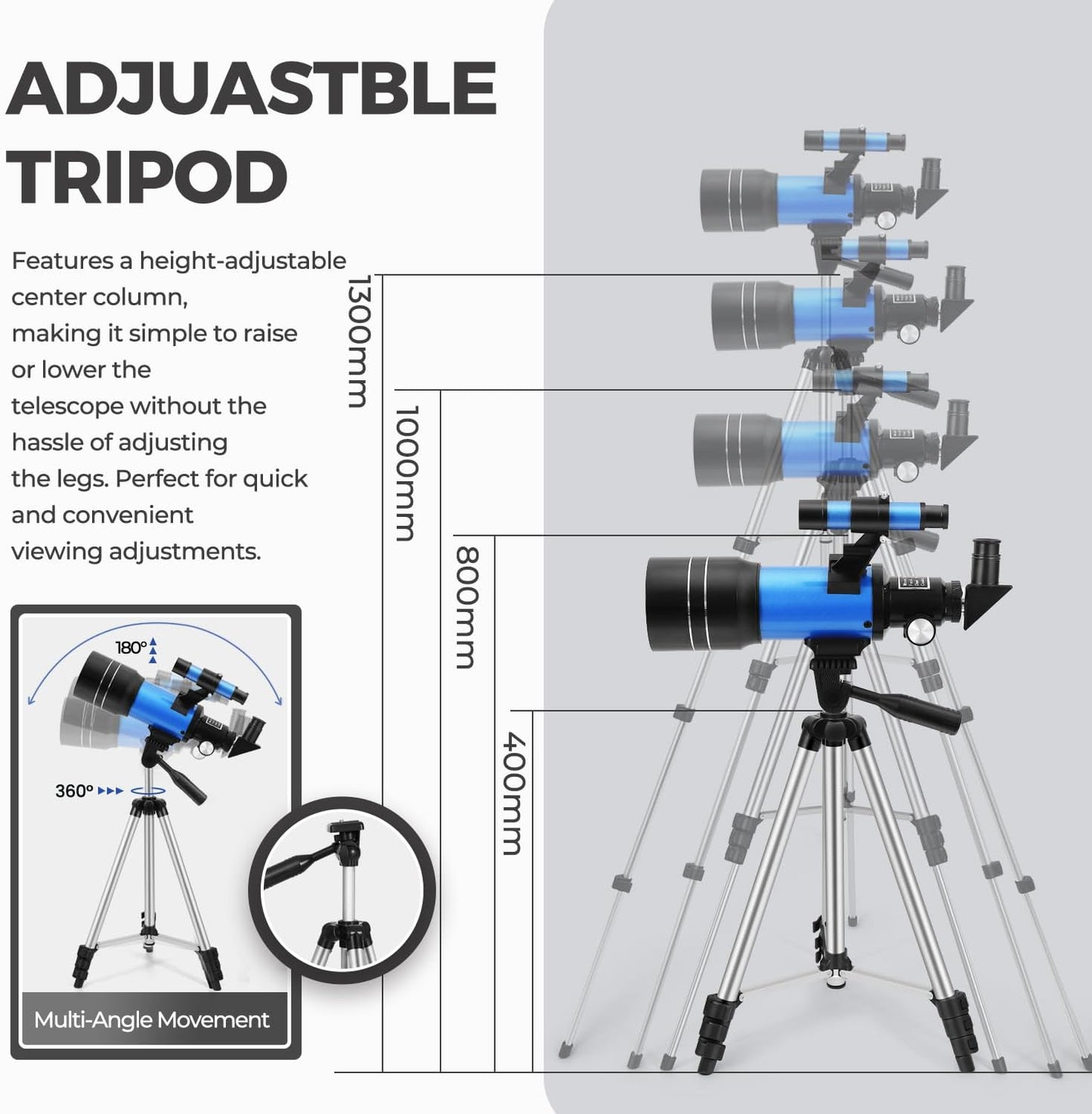 ESAKO Telescope for Kids & Beginners, 70mm Aperture Portable Telescopes with 3 Eyepieces, Height Adjustable Tripod & Phone Adapter & Remote Control