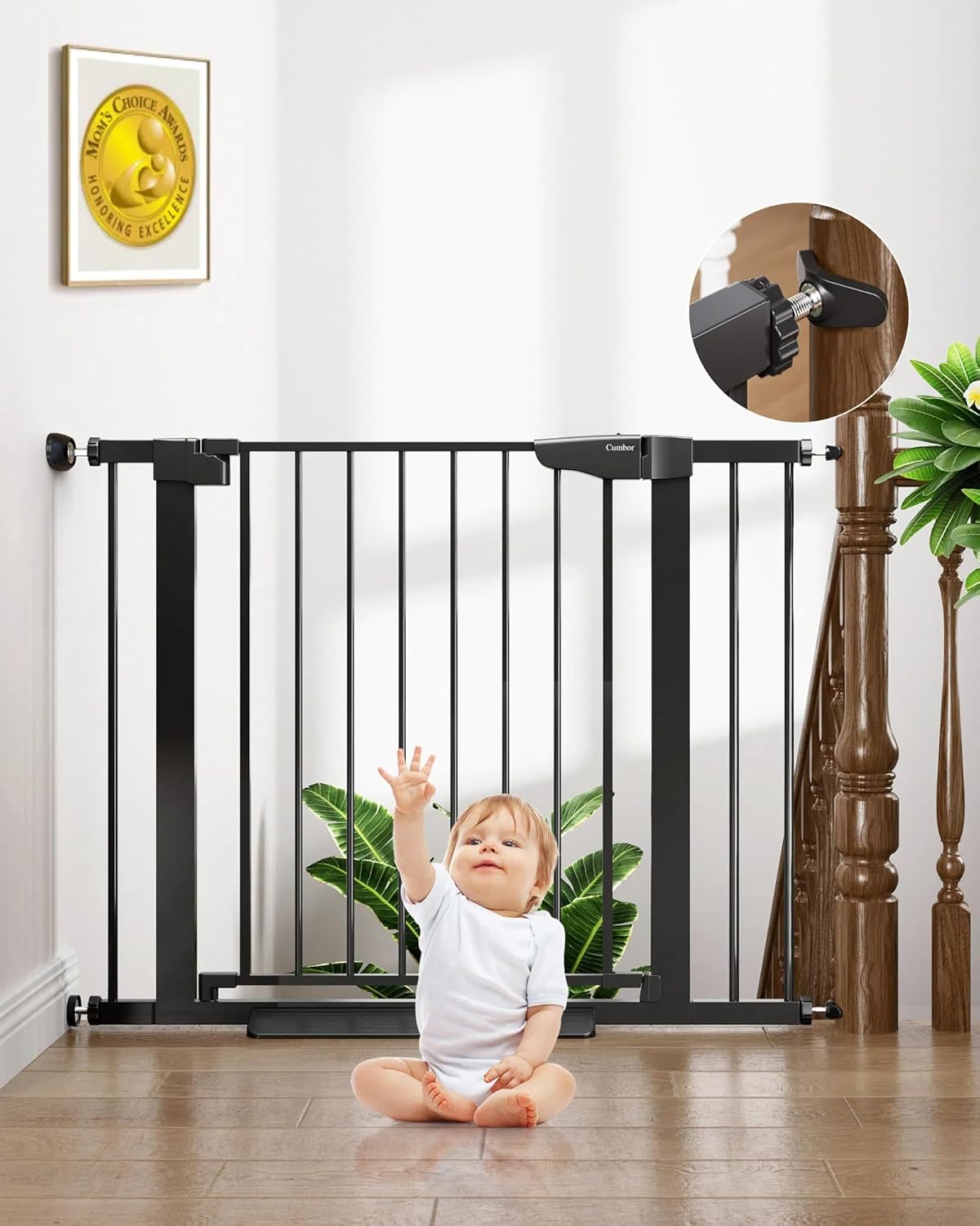Cumbor 29.7-40.6" Baby Gate for Stairs, Baby Essential Safety Gate, Mom's Choice Awards Winner-Dog Gate for Doorways, Pressure Mounted Auto-Close Pet Gates for Dogs Indoor, Durable Child Gate, Black