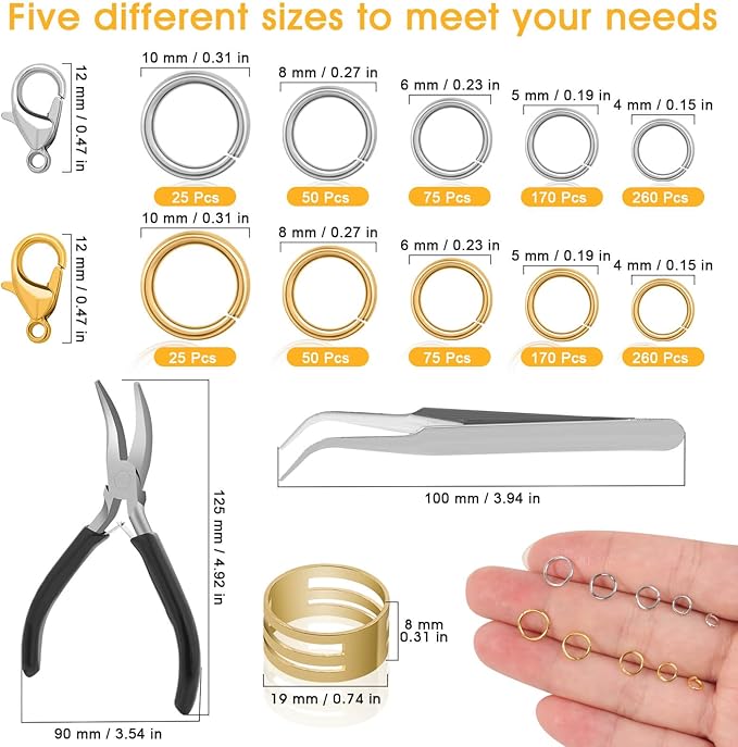 Anezus Jump Rings for Jewelry Making Supplies and Necklace Repair with Jump Ring Pliers and Open Jump Ring(1200Pcs Silver and Gold)
