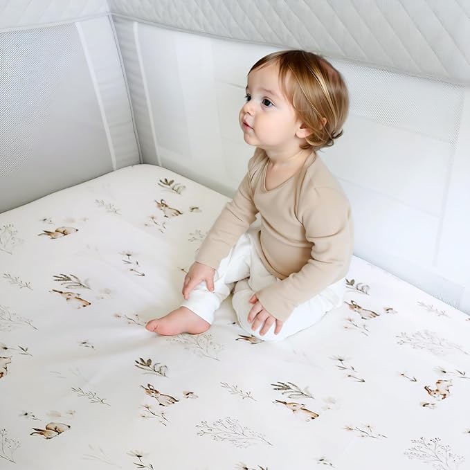 GRSSDER Stretch Ultra Soft Jersey Knit Fitted Pack n Play Sheets Set 2 Pack, Portable/Mini Crib Sheets for Boys and Girls, Stylish Watercolor Rabbit Pattern