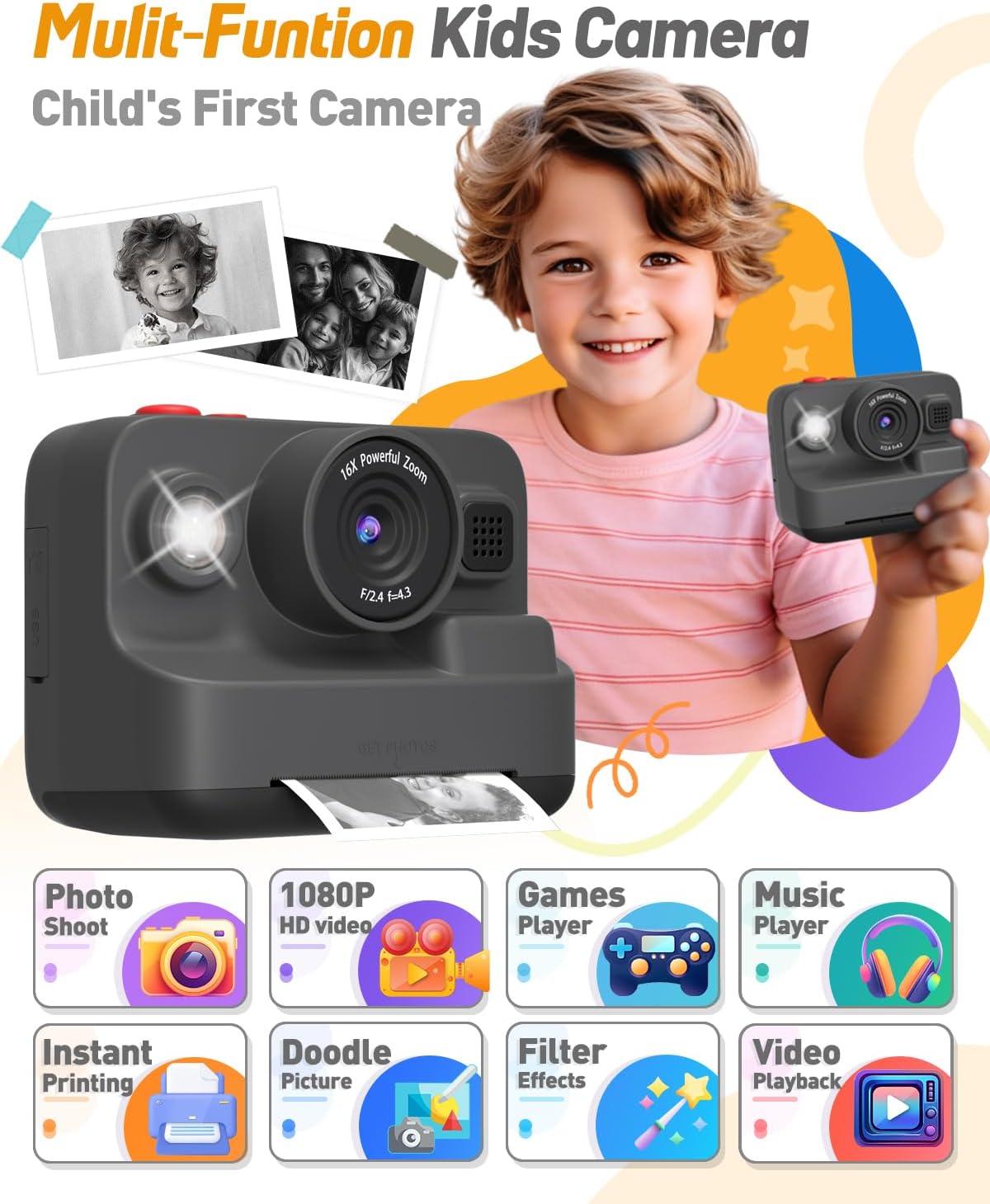 Kids Camera Instant Print, Christmas Birthday Gifts for 3-12 Year Old Boys Girls, 2.4in Screen 1080P Kids Digital Camera Toys for Kids Age 3 4 5 6 7 8 9 10 with 3 Rolls Print Paper 32G Card