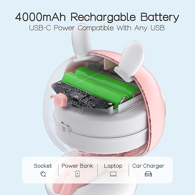 Cute Bunny Stroller Fan Clip On for Baby, Bladeless Fan 4000mAh Rechargeable Battery Operated, Flexible Tripod, 4 Speeds, Auto Oscillating, Small Cooling Fan for Kids