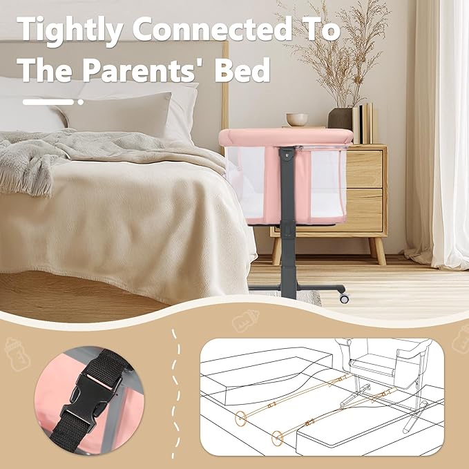 Kinder King Baby Bassinet w/Wheels, Folding Portable Newborn Bedside Sleeper, All-Sided Mesh Infant Crib, Adjustable Height, Removable Soft Mattress, No Tool to Assemble, Pink