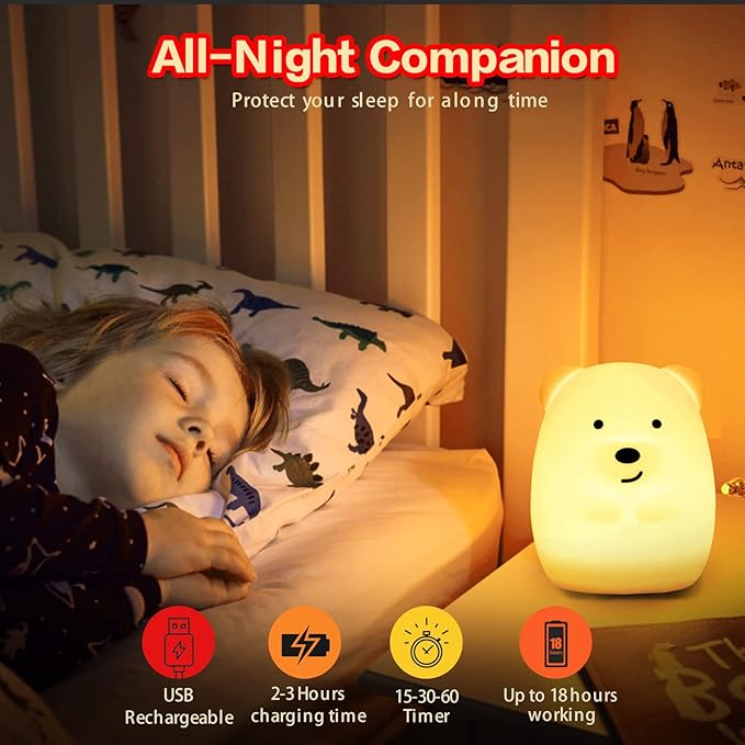 WHA&DARREN Large Owl Night Light for Kids,Cute Baby Night Light, Silicone Bedside Lamp, Sleep Lights, Eye Caring, Adjustable Brightness & Color, Time Setting, Touch+Remote Control