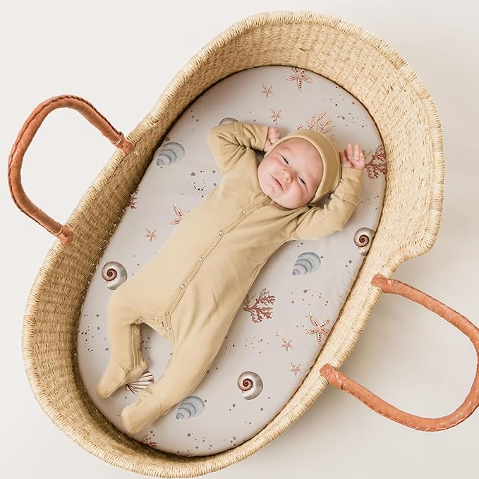 Stretch Fitted Bassinet Sheet Set BROLEX 2 Pack Cradle Sheets for Bassinet Pad/Mattress,Unisex Boys Girls,Ultra Soft,Dolphins Shells