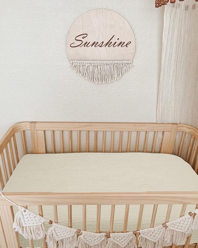 Mini Crib Sheets for Baby, Fitted Pack N Play Mattress and Mini Cribs 24" x 38", Neutral Muslin Cotton Mini Crib Mattress Sheet with Boho Style, Soft and Breathable Comfort (Cream)