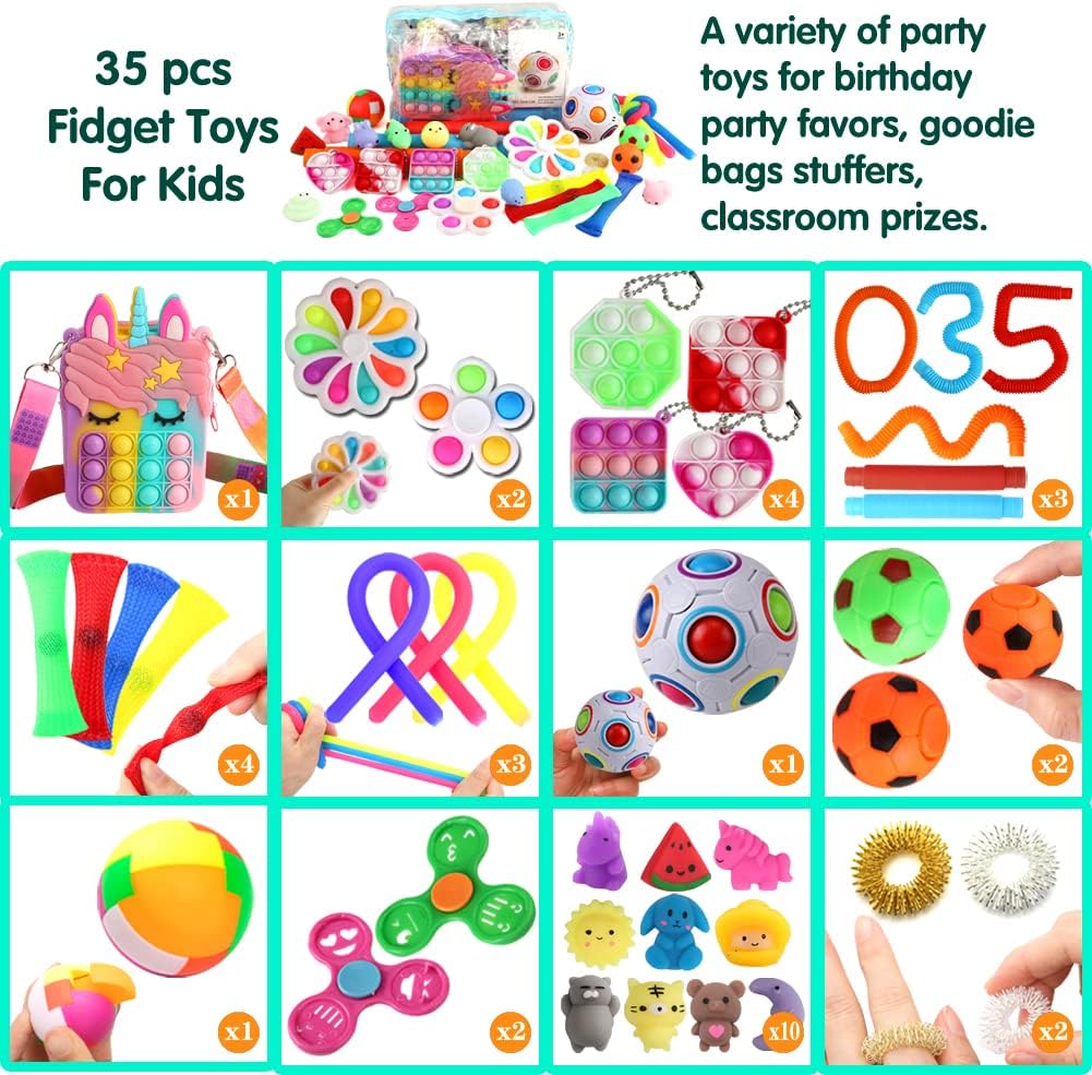 Fidget Purse, 35 Pack Fidget Toys Party Favors For Kids 8-12 Girl Gifts Pop Unicorn Bag With Spinner Autism Sensory Mini Toys Classroom Prizes Goodie Bag Birthday Xmas Stocking Stuffers For Teens Girl