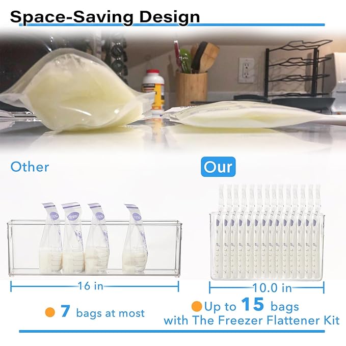 Breastmilk Storage Container with 4 Freezer Flattener Kit to Flatten Standing Breast Milk Bags in Organizer Bins Save Refrigerator Space |Vertical Storage