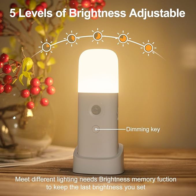 Motion Sensor Night Lights Indoor, Rechargeable Night Light Battery Powered, Portable Nightlight with Adjustable Brightness Activated Table Lamp for Kids, Adults, Bedroom, Bathroom(1Pack)