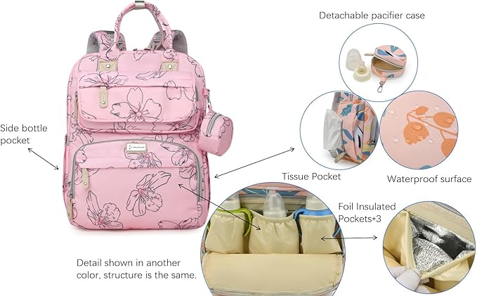 Diaper Bag Backpack for Baby – Large Capacity Waterproof Travel Tote, Multifunction Baby Bag with Changing Pad, Pacifier Holder & Stroller Straps (Strawberry Pink)