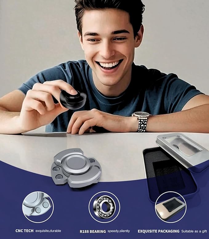 3-in-1 Alloy Fidget Toys Adults - Fidget Spinner,Clicker,Slider Modes,Ultra-Silent,High-Speed Rotation,3-Minute Spin Time,Compact Stress Relief Toy for Adult(Silver)