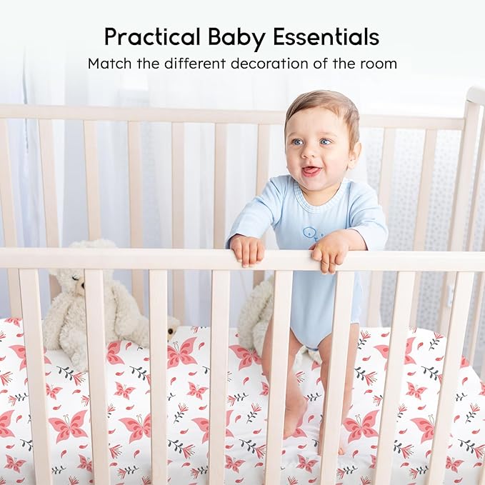 Yoofoss Baby Crib Sheets for Boys Girls, Fitted Crib Sheet 2 Pack for Standard Crib and Toddler Mattress, Super Soft Microfiber Baby Sheet 28x52x8in Pink + Butterflies