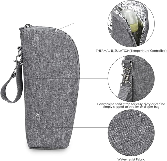 Kisangel Insulated Bottle Cooler Bag for Travel and Daycare Small Oxford Cloth Thermal Bottle Bag with Handle and Zipper Closure Portable Grey