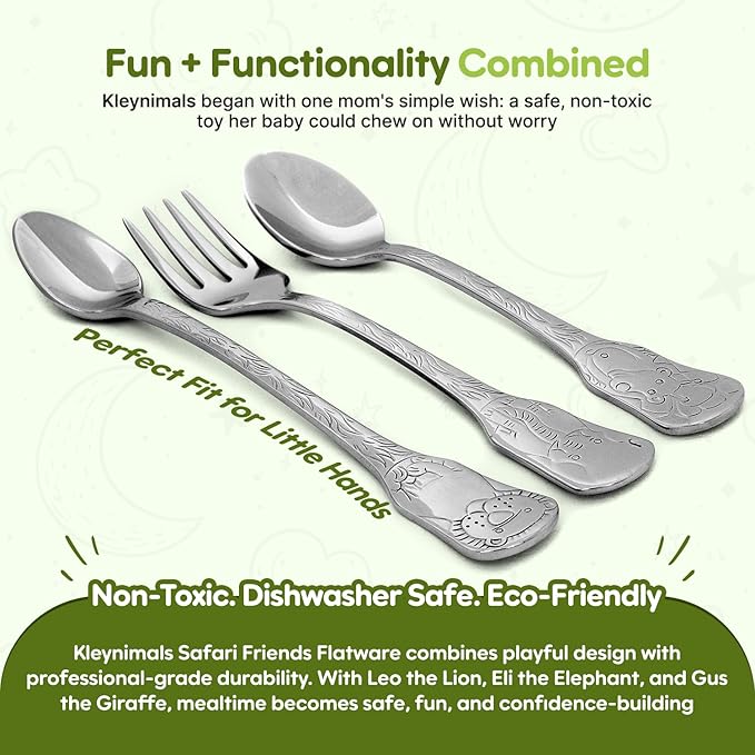 Kleynimals Safari Friends Made in USA Baby Flatware – 100% Stainless Steel Baby Forks and Spoons, Non-Toxic, BPA-Free, Eco-Friendly, Dishwasher Safe – Safe Utensils for Babies & Toddlers