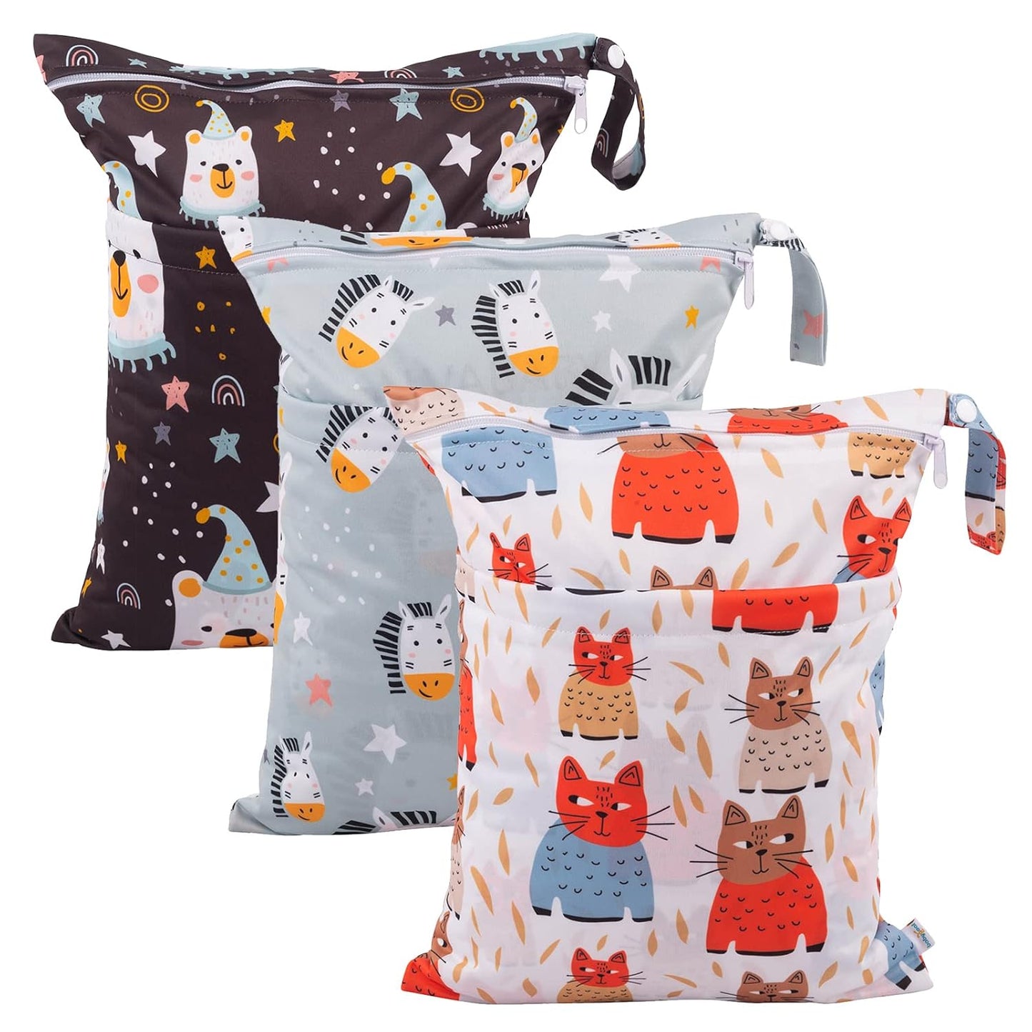 babygoal Wet Dry Bags for Baby Cloth Diapers, Washable Travel Bags, Beach, Pool, Gym Bag for Swimsuits & Wet Clothes with Two Zippered Pockets 3 Pack, 3LN26