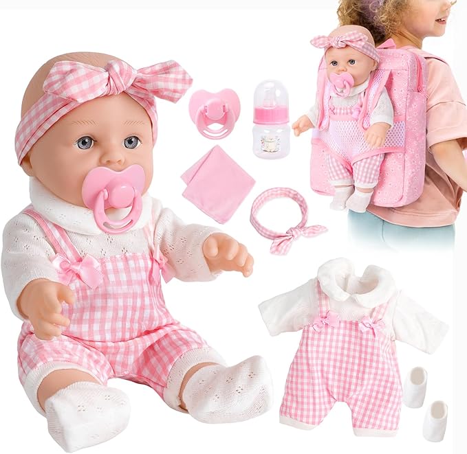 DONTNO 12 Inch Baby Doll with Clothes and Backpack Carrier,Newborn Doll Includes Clothes,Blanket,Pacifier,Bottle,First Gift for Toddlers 36 Months and Up