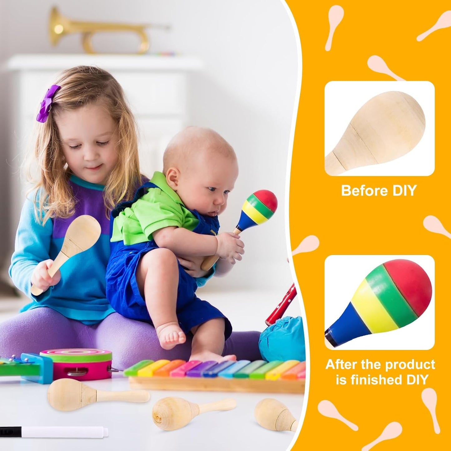 20Pcs DIY Wooden Maracas for Kids, Mini Maracas for Mexican Fiesta Party Favors with 12Pcs Multicolor Pens, Cinco De Mayo Party Supplies