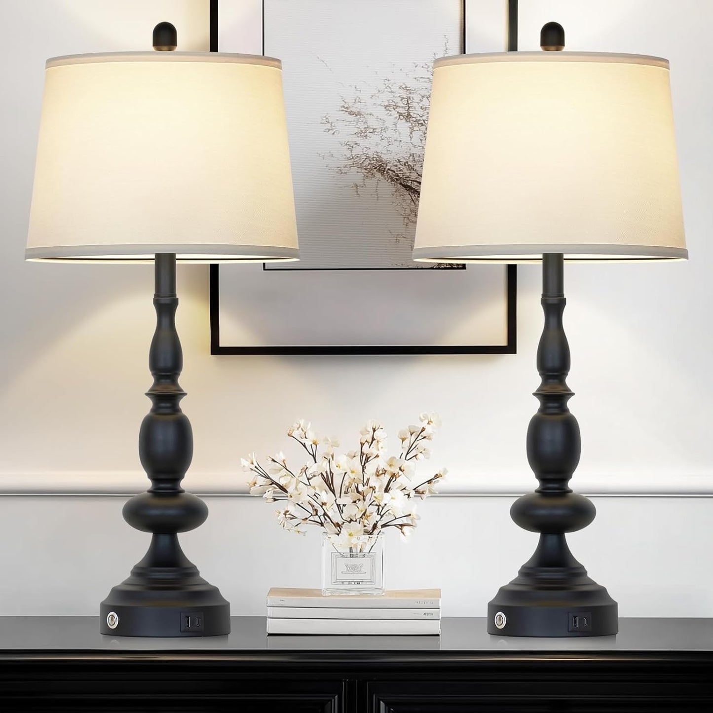 29" Black Modern Table Lamps Set of 2, Industrial Touch Control 3-Way Dimmable Bedside Lamp with USB C+A Ports, Metal Nightstand Lamps for Living Room Bedroom Office Home(2 LED Bulbs Included)