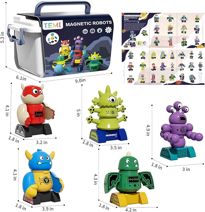 TEMI Magnet Robot Toy for Kids 3-5 Years Old - Monster Magnet Toys Stacking Transform Toys with Storage Box, Set for Boys Age 3 4 5 6 7 Years Old Boys, Christmas and Birthday Gifts