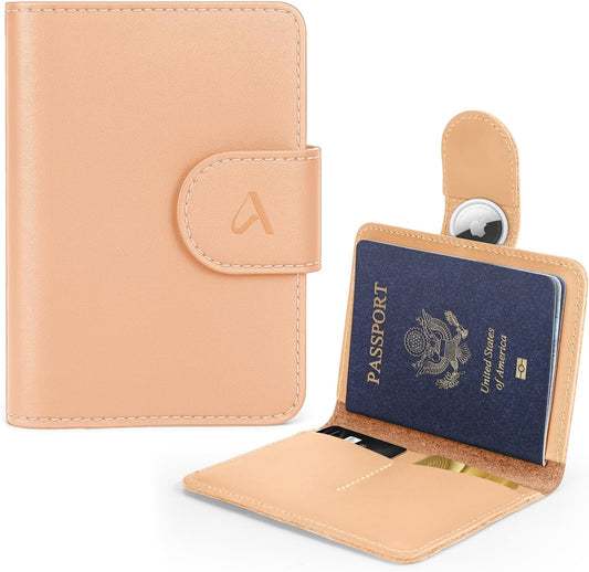 ALLIVE Genuine Leather Passport Holder, Rfid Passport Holder for Travel with AirTag Hidden, Passport Cover Wallet Travel Must Haves Airport Essentials, Passport Cover Travel Gifts (Beige)