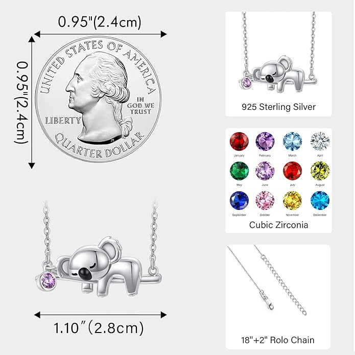 JUSTKIDSTOY Koala Necklace Sterling Silver Cute Animal Koala Bear Birthstone Necklace Jewelry Christmas Birthday Gifts for Women Girls