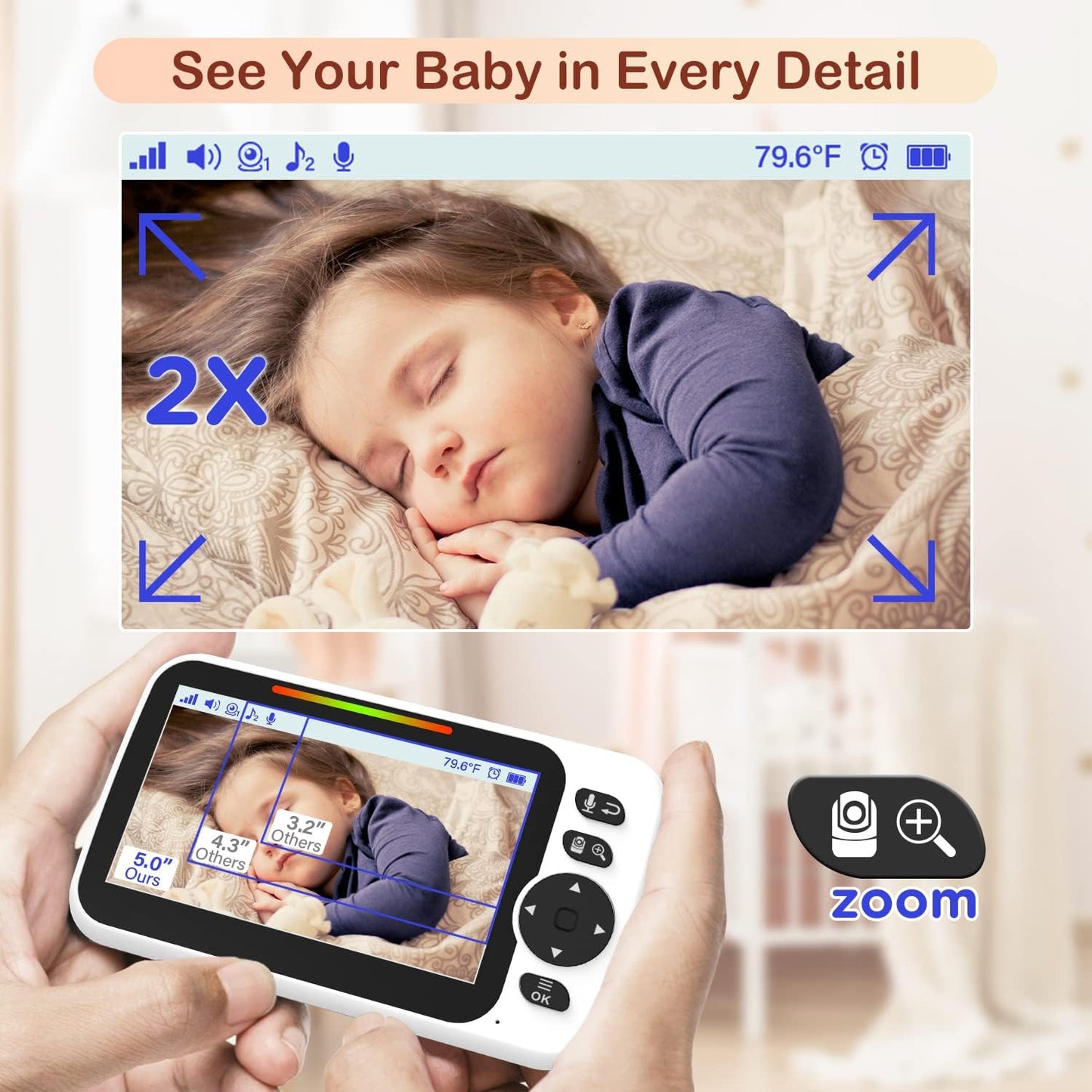 Baby Monitor with 30-Hour Battery, 5" Large Split-Screen Video Baby Monitor with Camera and Audio, 3500mAh Battery, Remote Pan/Tilt/Zoom Camera, Two-Way Talk, Night Vision, Lullabies, No WiFi