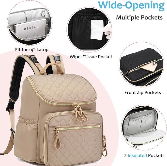 Large Capacity Diaper Bag Backpack with Stroller Buckle, Water-Resistant Travel Baby Bag with Insulated Pockets (Classic, Mocha Mousse)