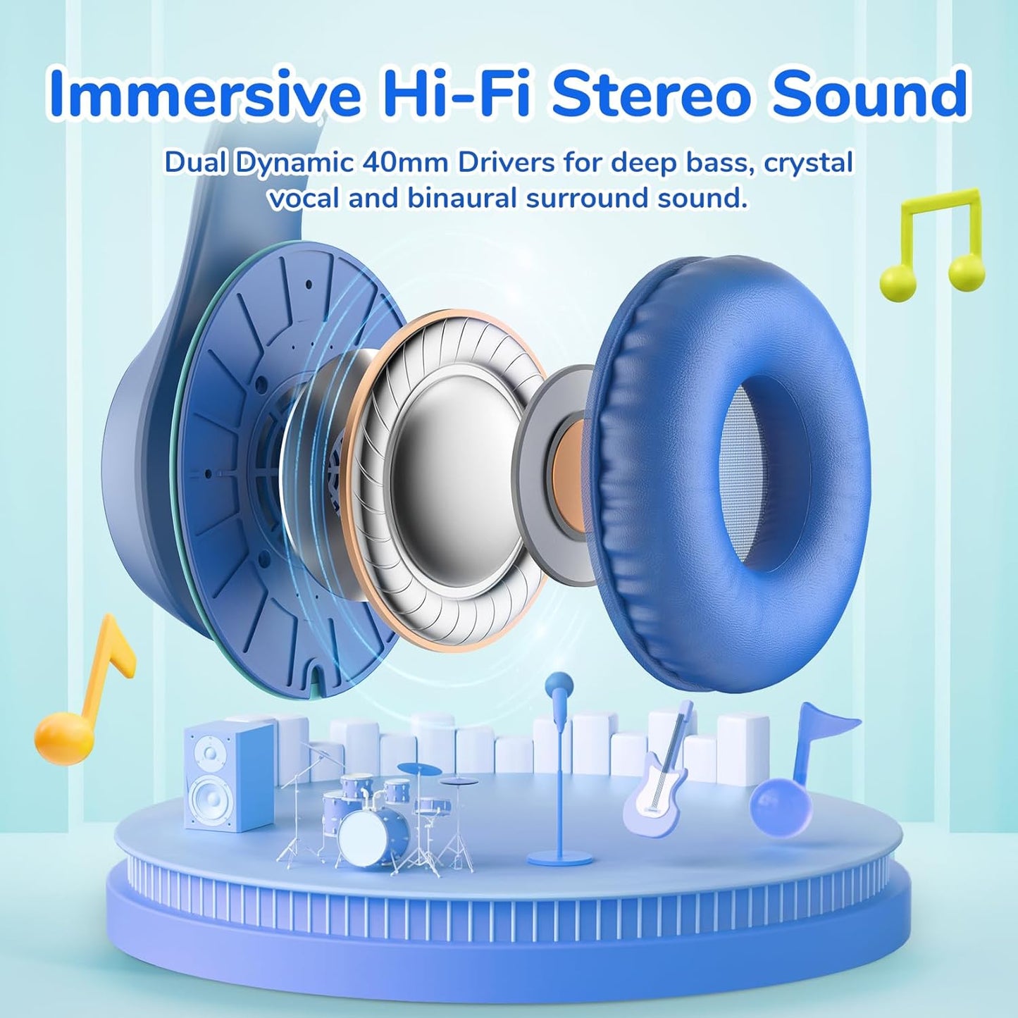 EarFun K3 Kids Headphones, Over Ear Headphones with Microphones, 85/94dB Safe Volume Limit, HD Stereo Sound, 3.5mm Jack, Foldable Wired Headphones for School/Travel/Boys/Girls/Tablet/iPad, Blue