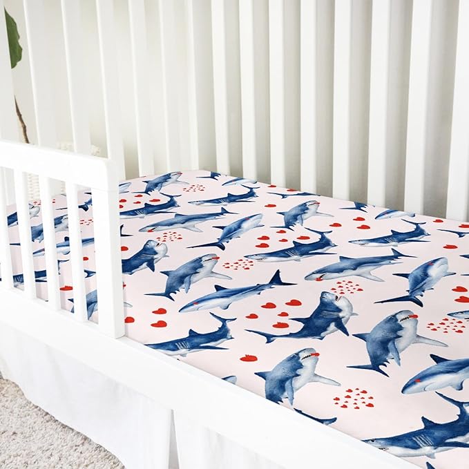 Sea Shark Love Baby Crib Sheets 52''x28'' Ocean Animals Hearts Fitted Crib Mattress Cover for Boy Girl Nursery Baby Bed Sheets for Standard Crib and Toddler Mattresses