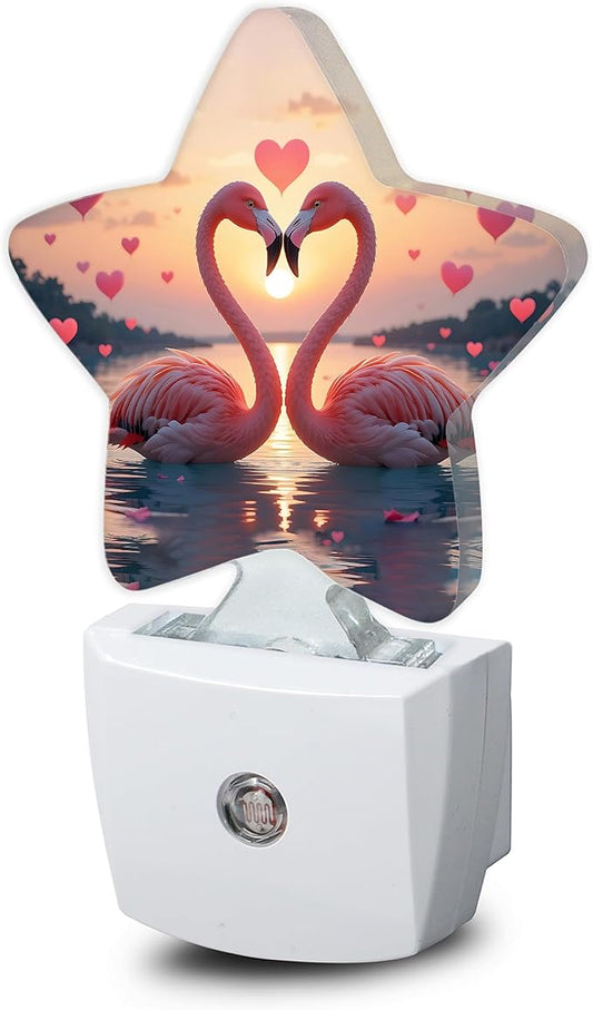 Beach Flamingos Night Lights Plug Into Wall,Romantic Love Heart Star Night Light for Kids,Nightlight with Dusk to Dawn Smart Sensor for Bedroom Bathroom Decor,Children Women Men Gift