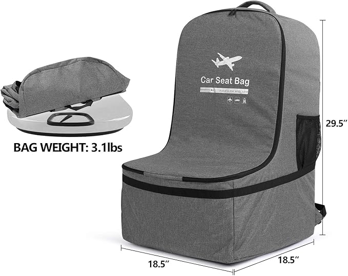 LUXJA Car Seat Travel Bag, Airplane Bag with Padded Backpack Straps and Adjustable Waist Straps for Travel (Fits Most Major Car Seat), Gray