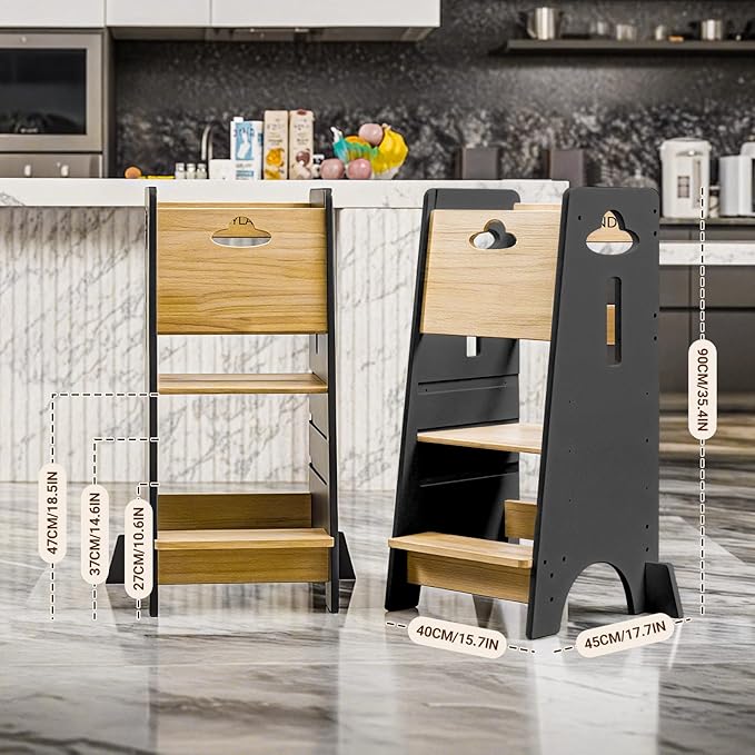 COSYLAND Toddler Standing Tower Adjustable Height - Super Stable Kids Kitchen Stool Helper - 3 Levels Adjustable Wooden Toddler Kitchen Stool (Natural & Dark Gray)