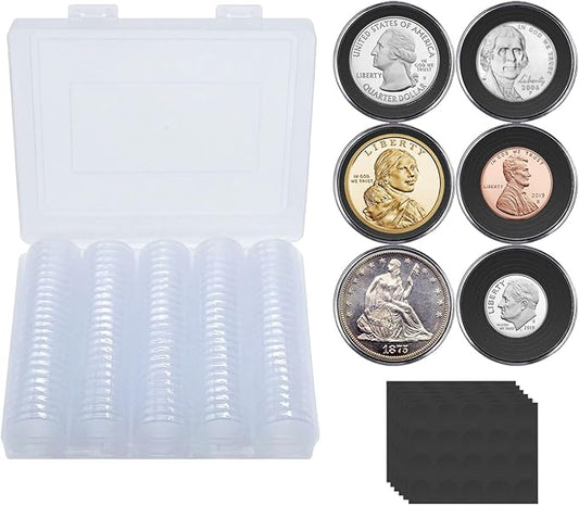 120 pcs 30mm Coin Capsules Coin Holders for Collectors, with Foam Gasket and Plastic Storage Organizer Box, 6 Sizes (17.9/19.1/21.2/24.3/26.5/30mm) Coin Case for Coin Collection Supplies (Black)