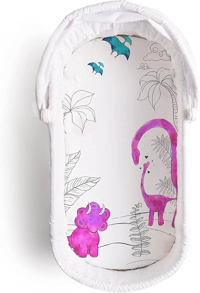JumpOff Jo - Hypoallergenic Fitted Bassinet Sheet for Baby Boys & Girls - Rectangular, Hourglass & Oval Crib Compatible, Soft, Breathable, Machine Washable - Tiny Dino, Pink