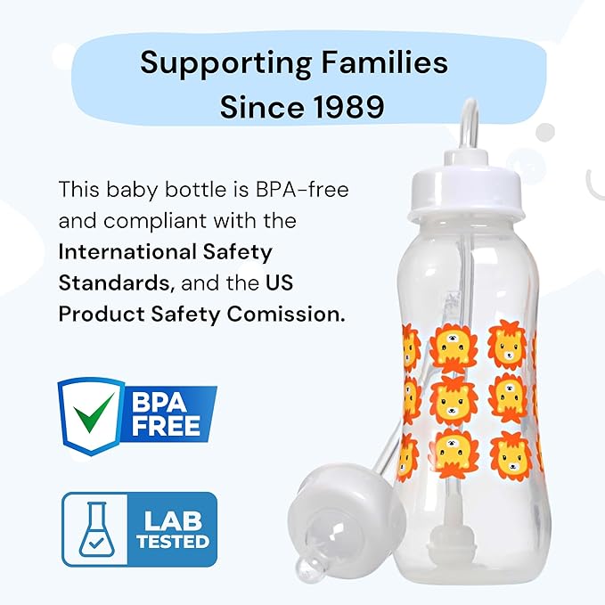 Hands-Free Baby Bottle - Anti-Colic Nursing System 9 oz Baby Bottle with Fast Flow Nipple/Teat 3m+ Infant with Tube Straw Feeding System for Toddler (2 Bottles - Lion)