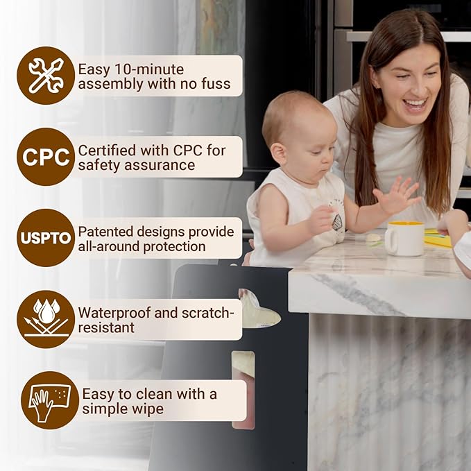 COSYLAND Toddler Standing Tower Adjustable Height - Super Stable Kids Kitchen Stool Helper - 3 Levels Adjustable Wooden Toddler Kitchen Stool (Natural & Dark Gray)