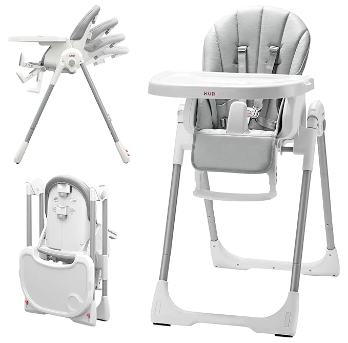 KÜB 3-in-1 Foldable Baby High Chair | Multifunctional Infant High Chairs for Babies and Toddlers | Removable Seat & Tray Easy Clean | 7 Height & 4 Recline Adjustable | 2 Locking Wheels (Grey)