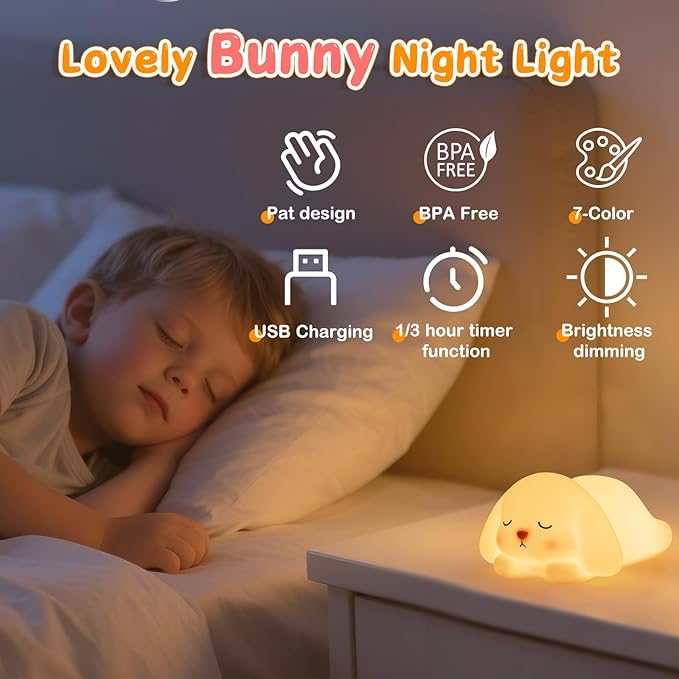 Tremdwoto Bunny Night Light for Kids - 16 Color Changing, Rechargeable Dimmable Nursery Lamp with 1/3 H Timer, Cute Animal Night Light for Baby Boys Girls, Kawaii Room Decor Gift