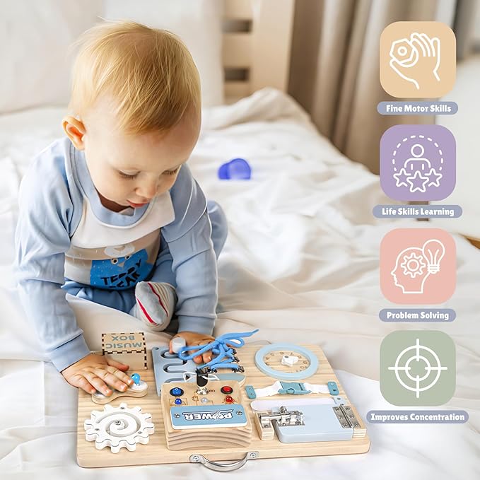 Joyreal Montessori Busy Board with LED Lights, Autism Sensory Travel Toys, Fidget Board Ideal Gift for Boys Girls Wooden Toddler Toys