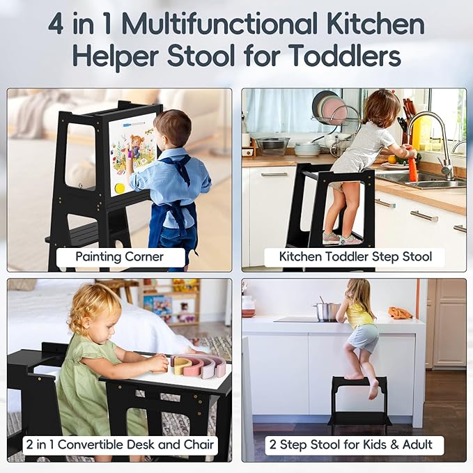 4 in 1 Kitchen Step Stool Helper for Toddlers, Toddler Learning Standing Tower with Whiteboard 2 in 1 Convertible Table and Chair, Widened Platforms for Little Ones Kitchen Counter Bathroom Sink