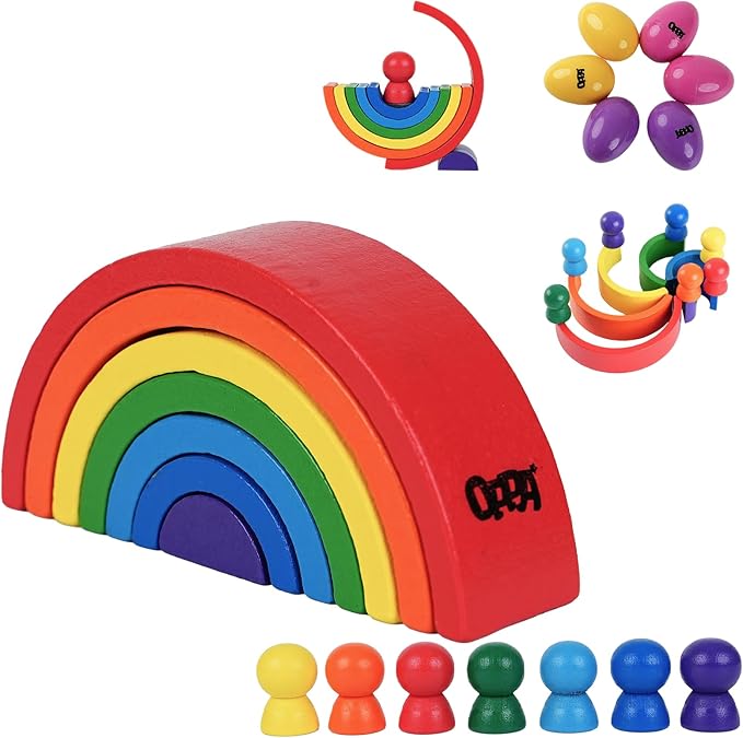 OPPA Colorful Plastic Egg Shakers 6 PCS and Rainbow Stacking Toy, Hand Percussion Musical Shaker, Wooden Rainbow Stacker Nesting Blocks, Educational Toy for Toddlers Baby Preschool Kids