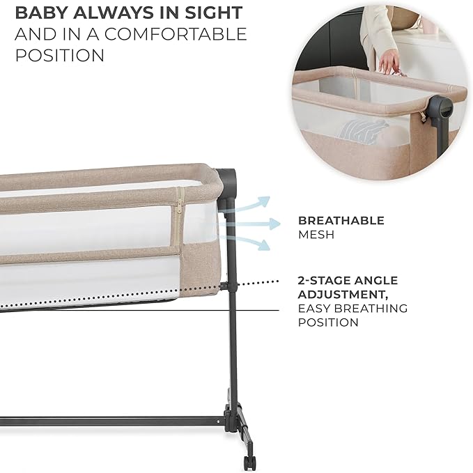 Kinderkraft Neste UP2 Bedside Cot 2 in 1, Co-Sleeper from Birth, Travel Cot for Newborn, Adjustable Height, Included Mattress Sheet, with 4 Wheels, Breathable Mesh, Beige
