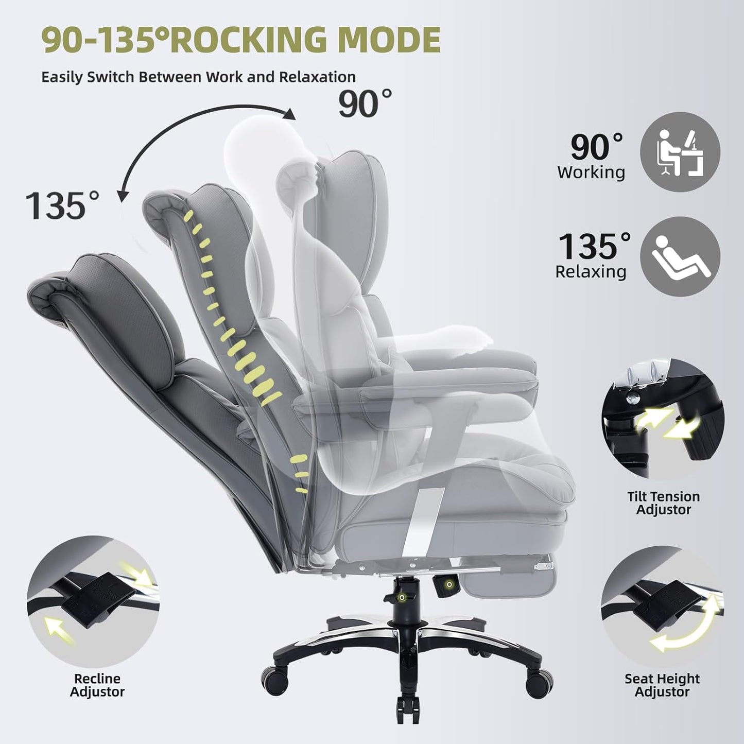 Efomao Big and Tall Office Chair with Footrest – High Back Computer Chair with Adjustable Armrests，Executive Office Chair with Wide Seat, Modern Desk Chair for Home Office, Gaming, or Study, Grey
