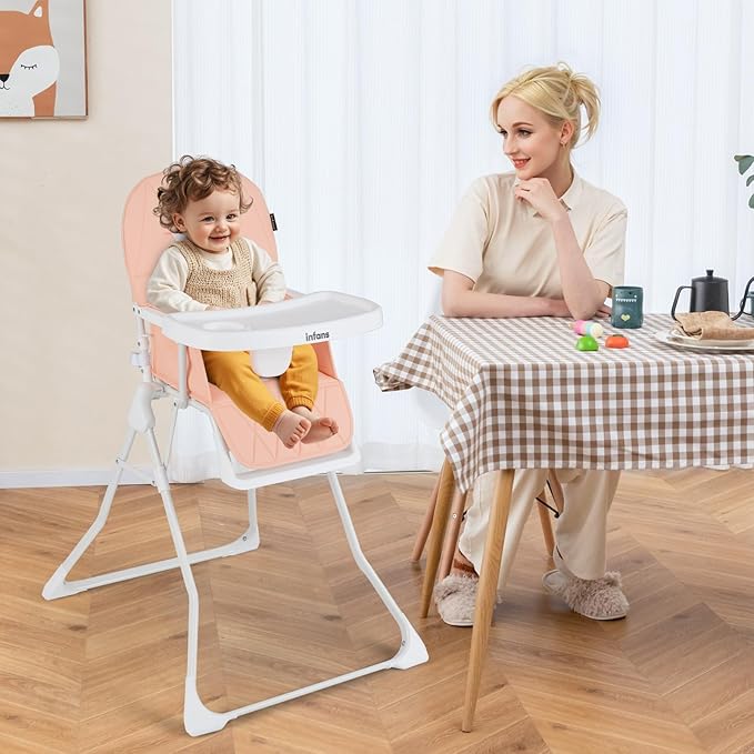 INFANS Baby High Chair, Quick Folding Portable Highchair for Babies and Toddlers with Adjustable Footrest Removable Dishwasher Tray PU Seat, Compact Highchairs for Baby Age 6-36 Months (Pink)