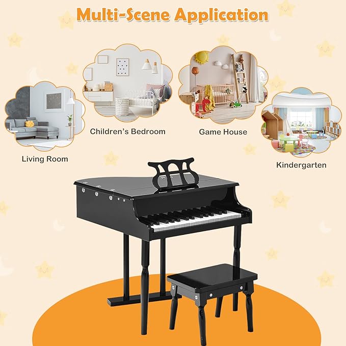 HONEY JOY Classical Kids Piano, 30-Key Mini Grand Piano with Music Stand and Bench, Wooden Musical Instrument Toy w/Lid & Music Rack, Gift for Boys Girls Ages 3+ (3 Straight Leg-Black)