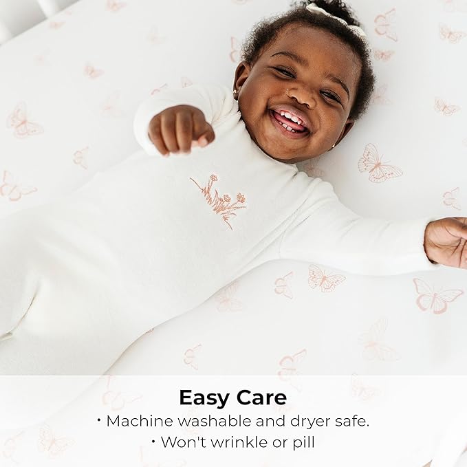 Ely’s & Co. Crib Sheets, Baby Girl Fitted Crib Mattress Sheet Set, 2 Pack, 100% Jersey Knit Cotton, Infant and Toddler Nursery Bedding, Pink Butterfly + Stripes Print, 28” x 52”