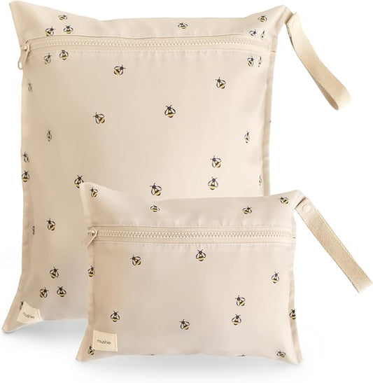 mushie Water Resistant Wet Bags | Large & Small Reusable Storage Bag for Baby Items and Travel | Zippered Pockets with Handle | Machine Washable, Set of 2 (Bees)