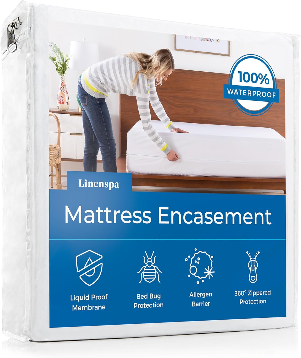 Linenspa Zippered Mattress Encasement – California King Size Waterproof Mattress Protector – Quiet Cover & Complete protection – Dorm Room Essentials, White