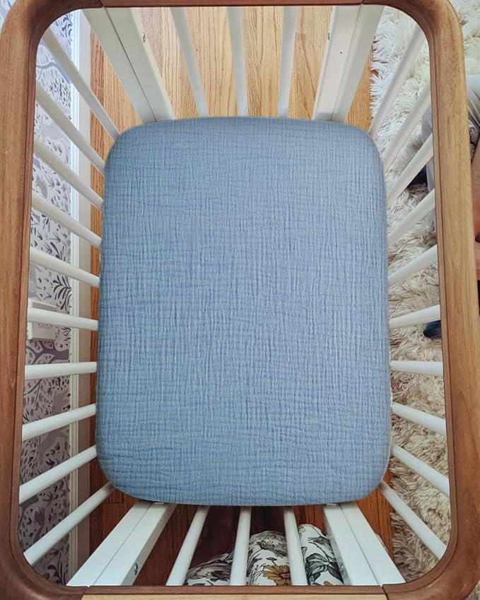 Pack and Play Sheets for Baby Boys and Girls 39"x27"x3", Neutral Muslin Cotton Pack N Play Mattresses Sheet with Boho Style, Soft and Breathable Comfort (Costume Blue)