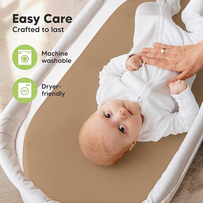 2-Pack Organic Bassinet Sheets for Girls, Boys - 100% Cotton Bassinet Mattress Sheets Compatible with Halo Bassinest Swivel Sleeper, Graco, Baby Delight, Chicco, Unisex Fitted Bassinet Sheets (Pecan)